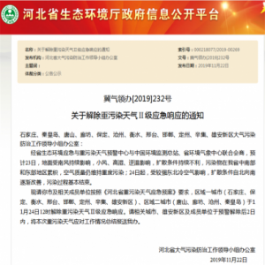 11月24日12时，河北多地解除重污染天气Ⅱ级应急响应